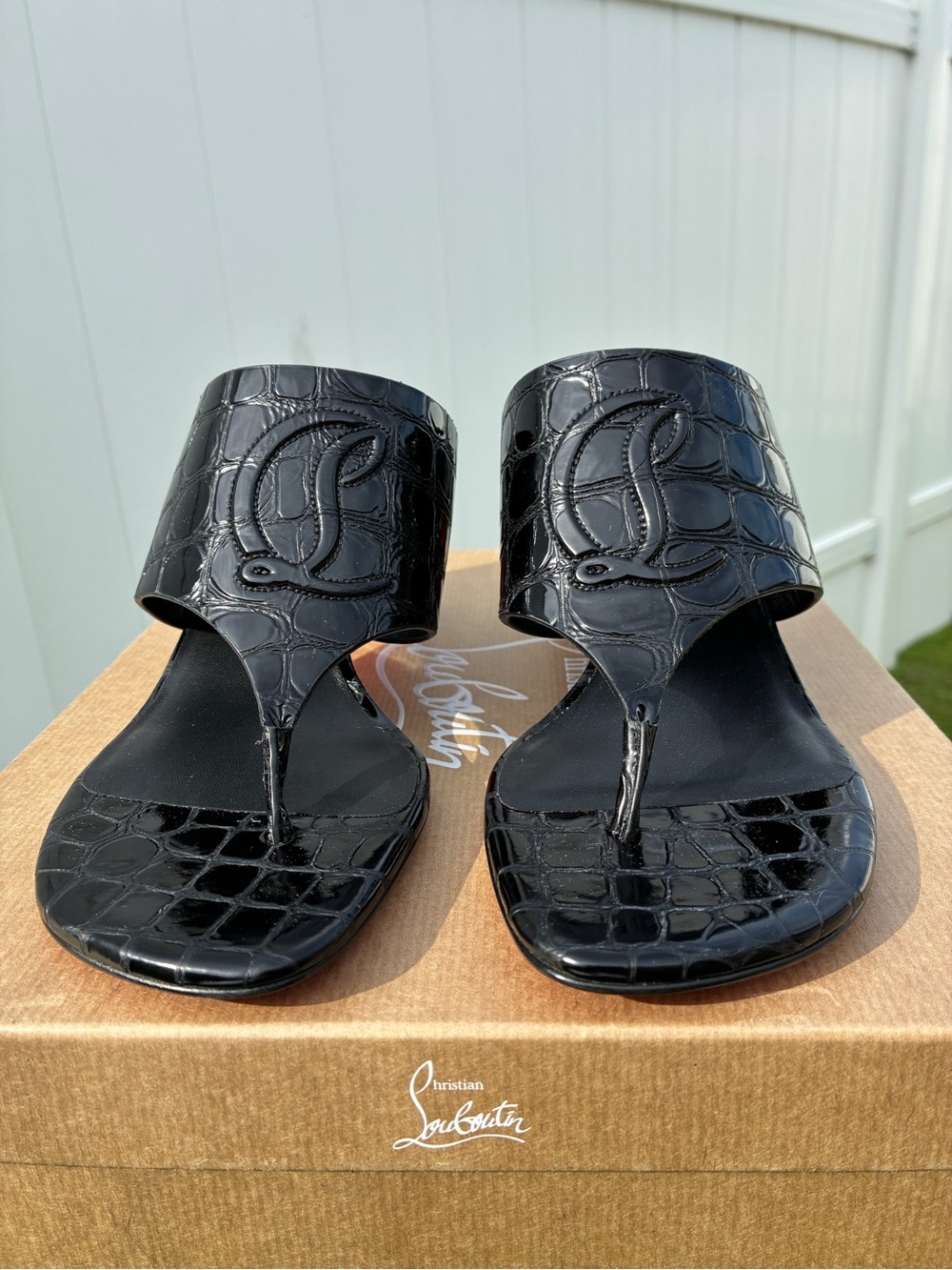 CHRISTIAN LOUBOUTIN CL TONGAMULE SANDALS LOGO BLACK CROC LEATHER SZ 38.5 NEW - Picture 7 of 16